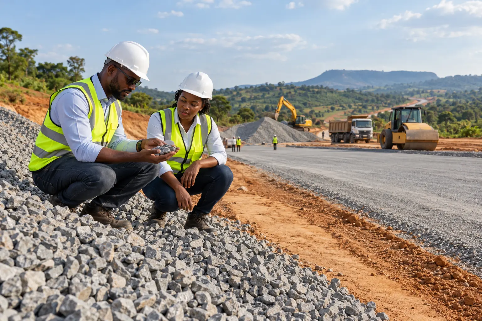 Illustrative engineers reviewing aggregate at a road construction site